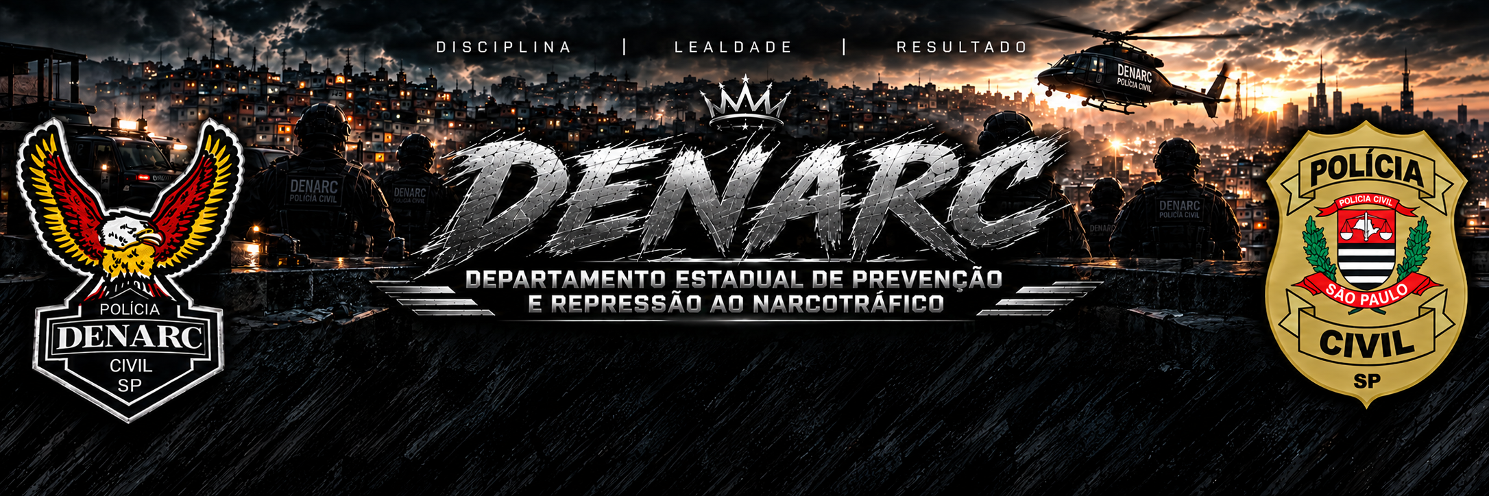Banner DENARC com brasão da unidade à esquerda, agentes, helicóptero e brasão da Polícia Civil à direita